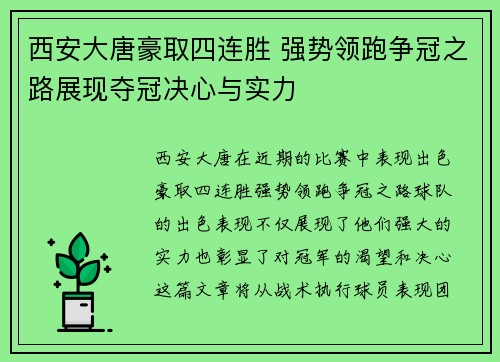 西安大唐豪取四连胜 强势领跑争冠之路展现夺冠决心与实力