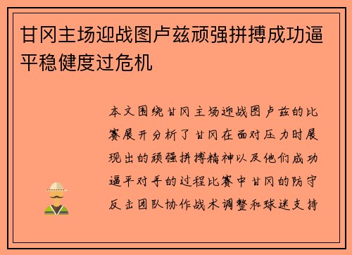 甘冈主场迎战图卢兹顽强拼搏成功逼平稳健度过危机