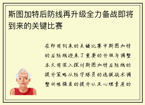 斯图加特后防线再升级全力备战即将到来的关键比赛