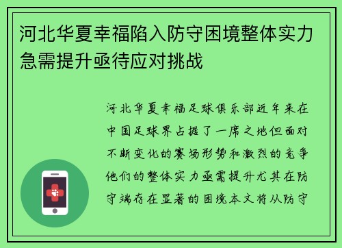 河北华夏幸福陷入防守困境整体实力急需提升亟待应对挑战
