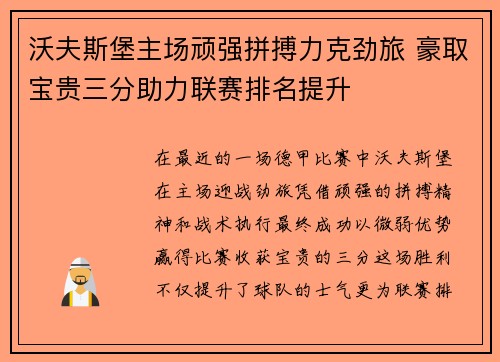 沃夫斯堡主场顽强拼搏力克劲旅 豪取宝贵三分助力联赛排名提升