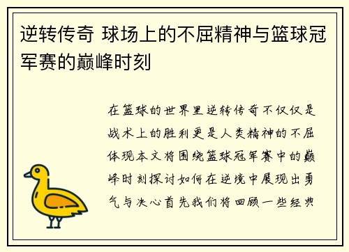 逆转传奇 球场上的不屈精神与篮球冠军赛的巅峰时刻