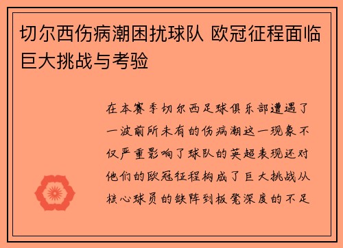 切尔西伤病潮困扰球队 欧冠征程面临巨大挑战与考验