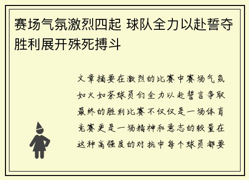赛场气氛激烈四起 球队全力以赴誓夺胜利展开殊死搏斗