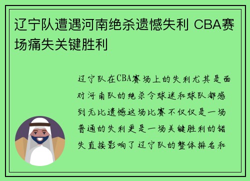 辽宁队遭遇河南绝杀遗憾失利 CBA赛场痛失关键胜利