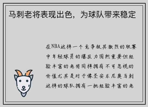 马刺老将表现出色，为球队带来稳定