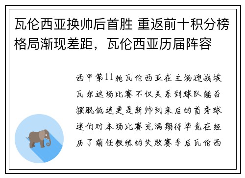 瓦伦西亚换帅后首胜 重返前十积分榜格局渐现差距，瓦伦西亚历届阵容