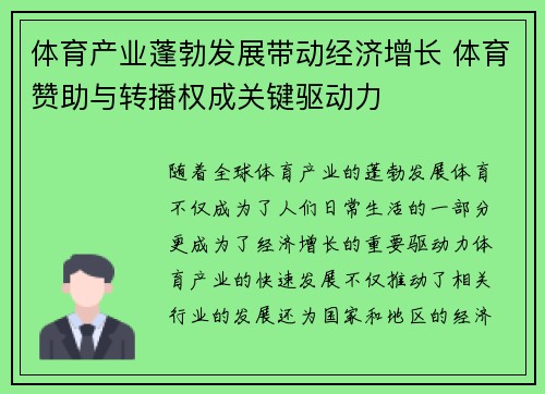 体育产业蓬勃发展带动经济增长 体育赞助与转播权成关键驱动力