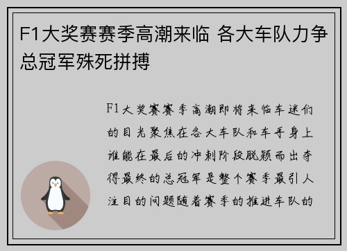 F1大奖赛赛季高潮来临 各大车队力争总冠军殊死拼搏
