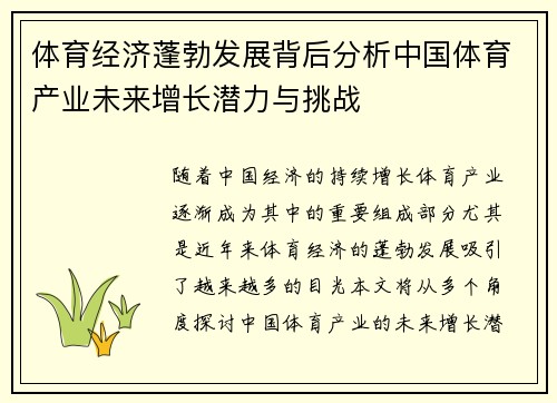 体育经济蓬勃发展背后分析中国体育产业未来增长潜力与挑战