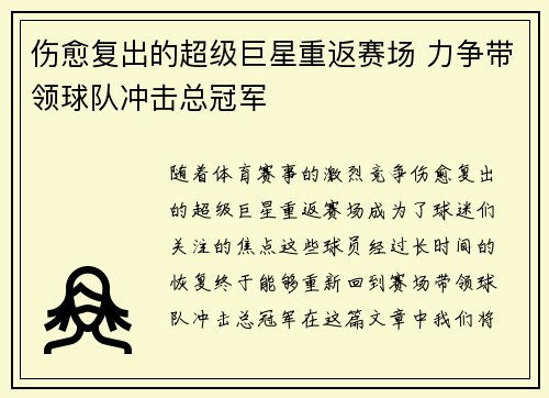 伤愈复出的超级巨星重返赛场 力争带领球队冲击总冠军